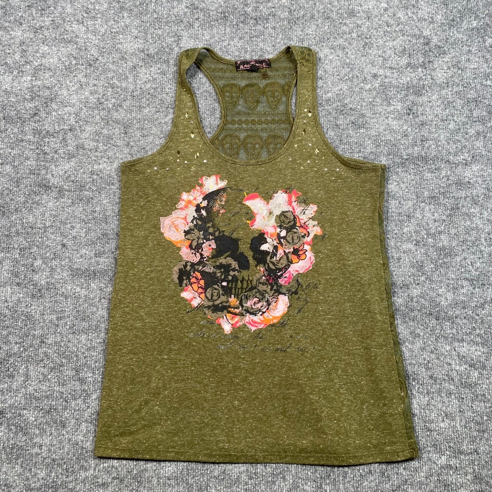 Almost Famous Womens Olive Green Floral Skull Racerback Tank Top Rhinestone Med